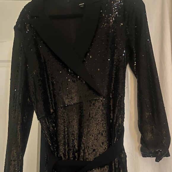 Express All Sequin Bling Padded Shoulder Taper Jumpsuit - Picture 2 of 5